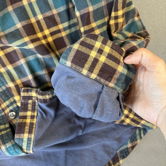 Columbia Lined Flannel Shirt Mens XL Blue Brown Plaid Long Sleeve Shacket Heavy - Picture 15 of 16